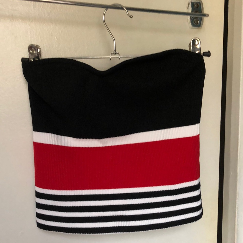Dynamite tube top with red, black and white stripes, size XS